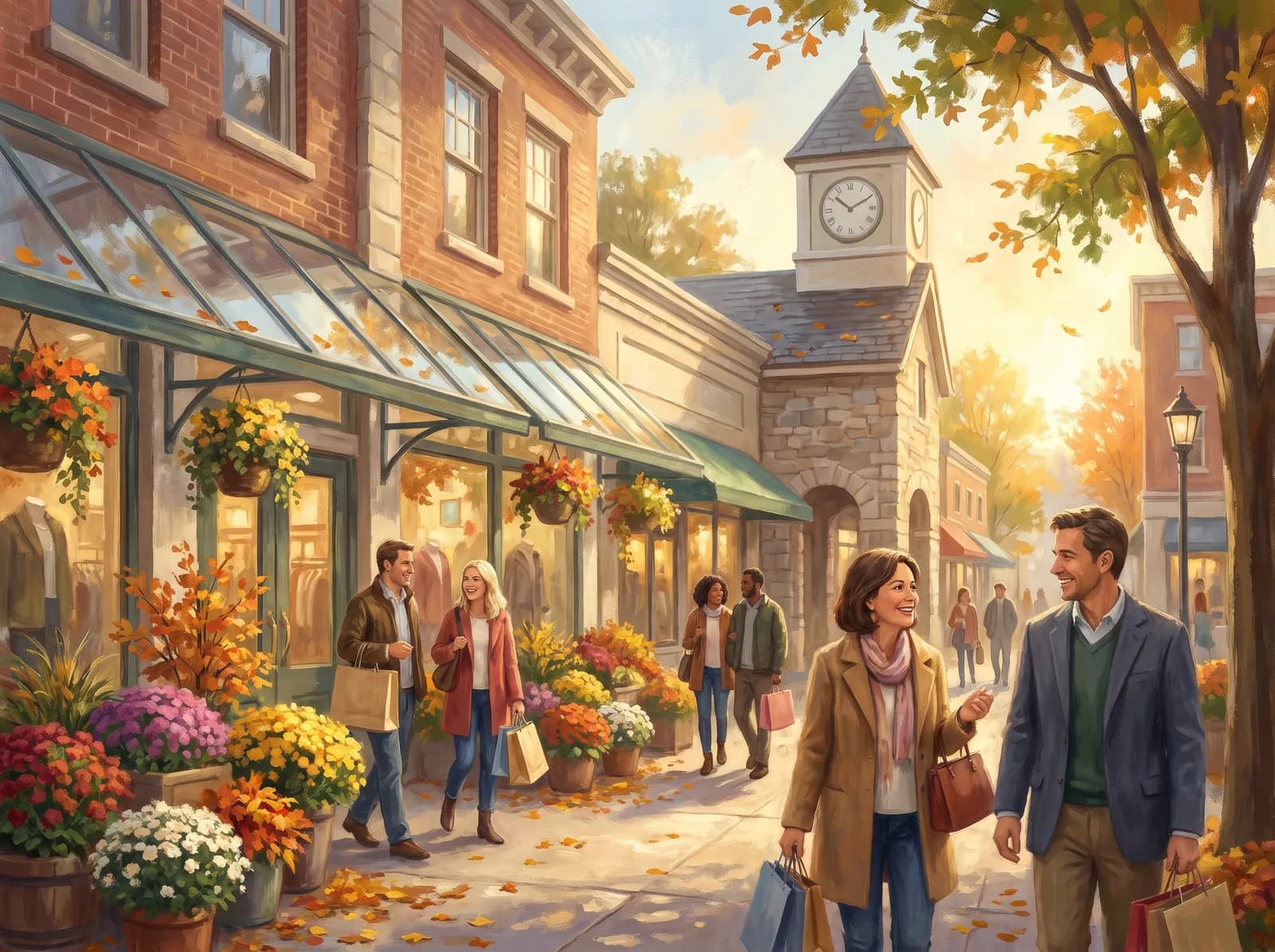 Illustration of a cheerful shopping plaza entrance in autumn with shoppers and storefront awnings