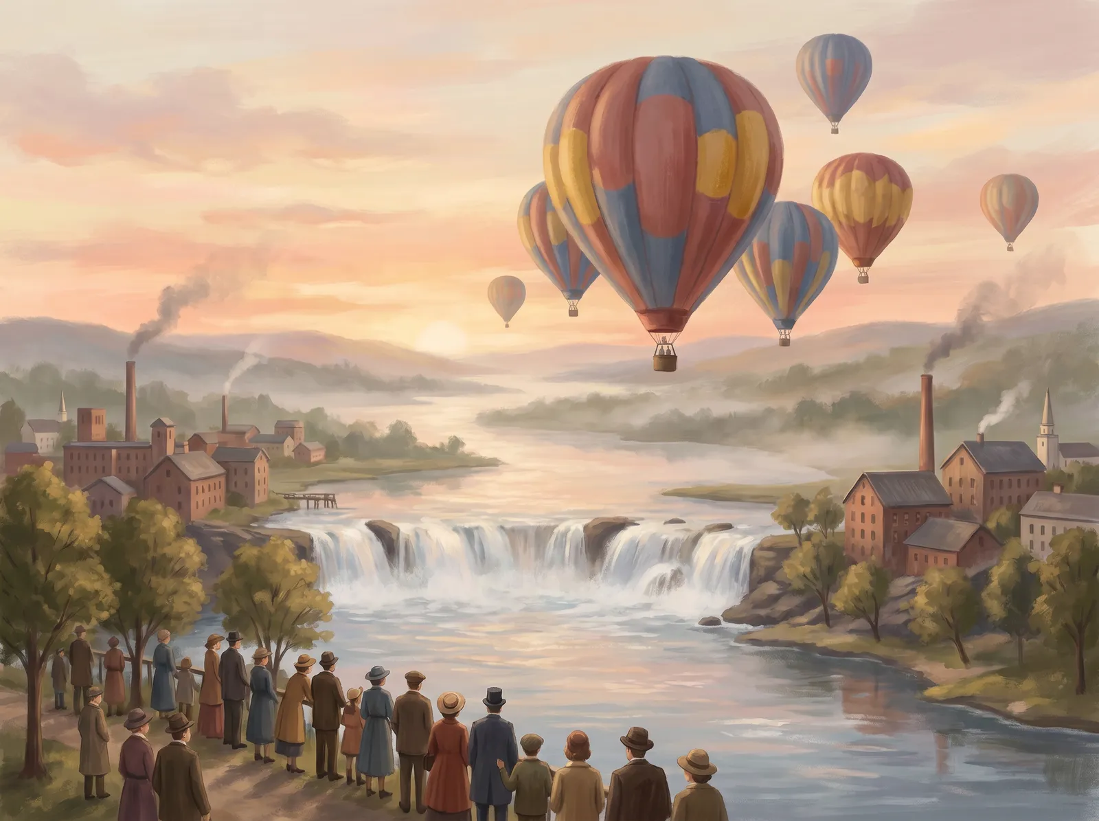 Illustration of hot-air balloons rising at dawn over the Androscoggin River between Lewiston and Auburn
