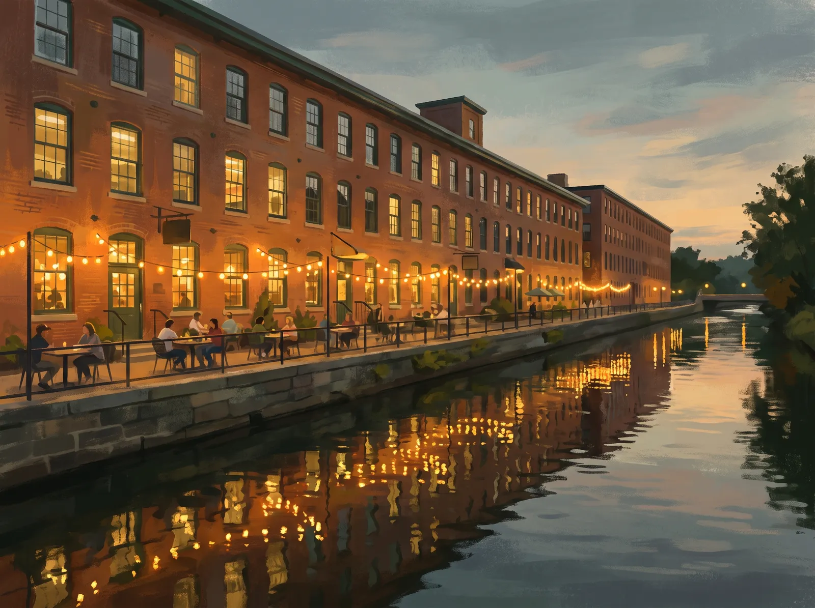 Illustration of a historic brick mill converted to cafés and shops along a canal at dusk, Lewiston Maine