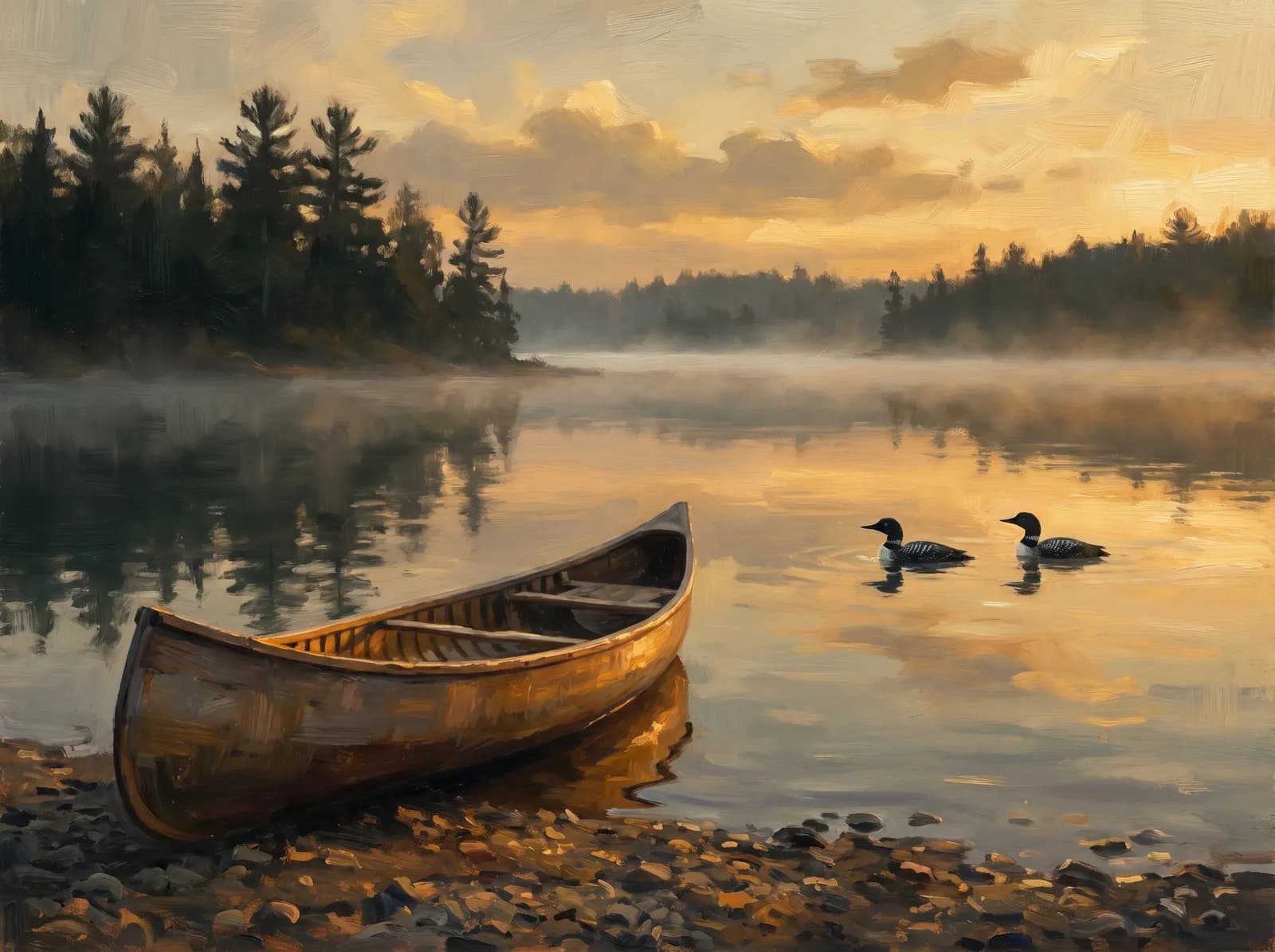 Illustration of Lake Auburn at golden hour — canoe on the shore, loons on calm water, pine shoreline