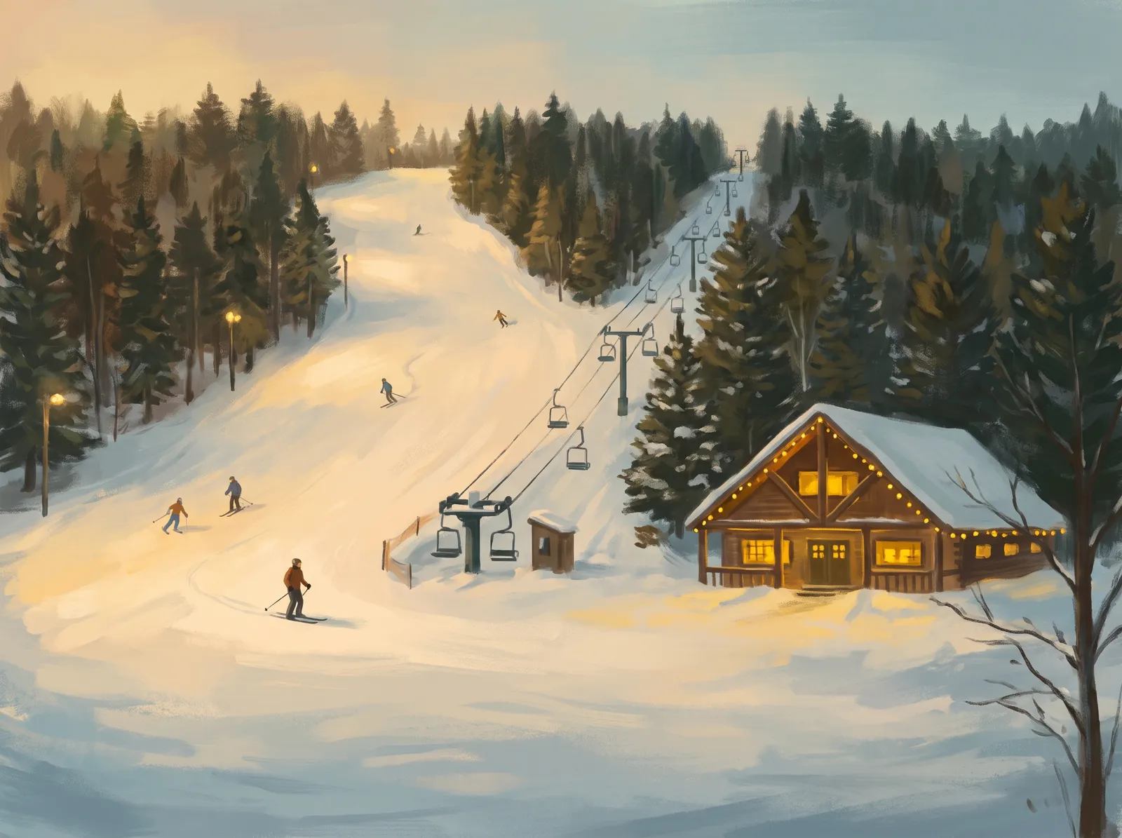 Illustration of Lost Valley ski area at winter dusk — snowy trails, chairlift, and a warm base lodge, Auburn Maine