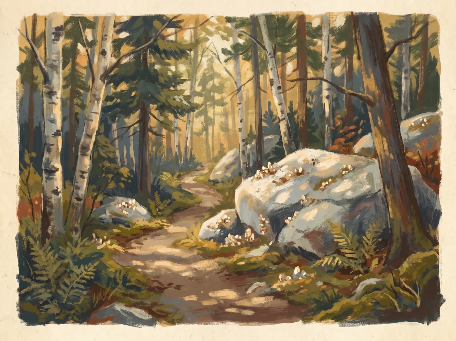 Illustration of a Mount Apatite forest trail with a granite outcrop and quartz crystals, Auburn Maine