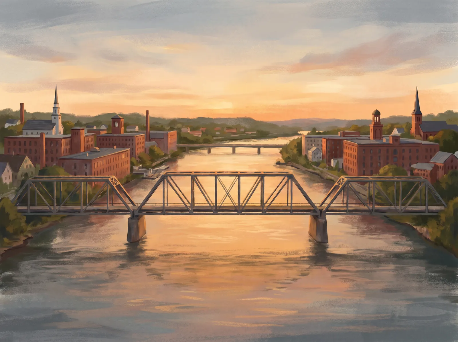 Illustration of a truss bridge crossing the Androscoggin River between the twin mill cities of Lewiston and Auburn