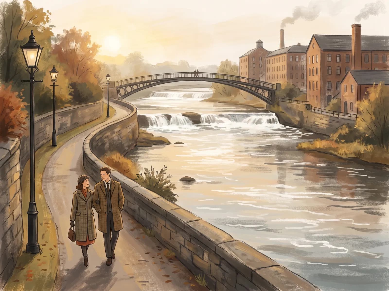 Illustration of the Androscoggin Riverwalk — paved riverside path, footbridge, and brick mills across the water