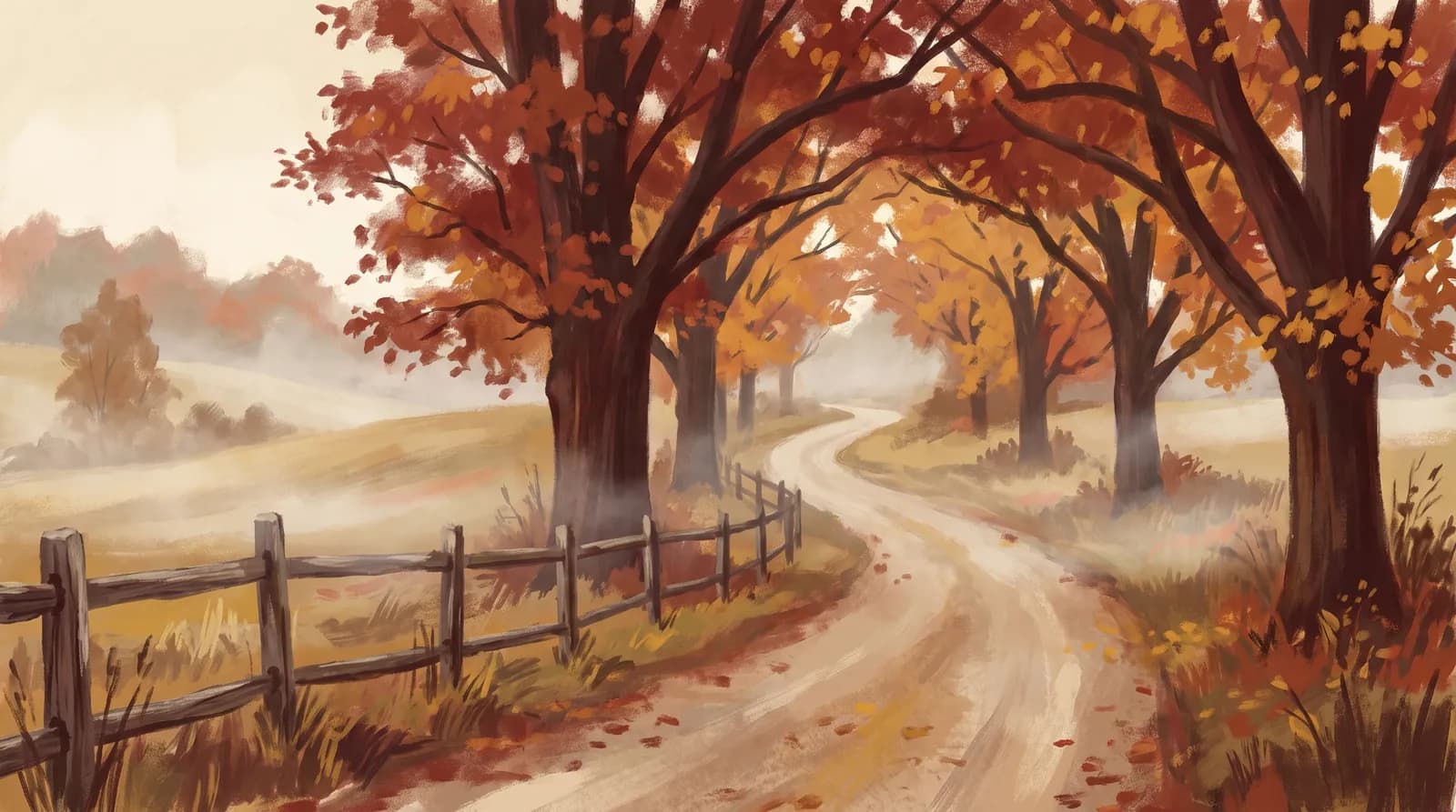 Illustration of a Maine country road through a tunnel of blazing fall foliage