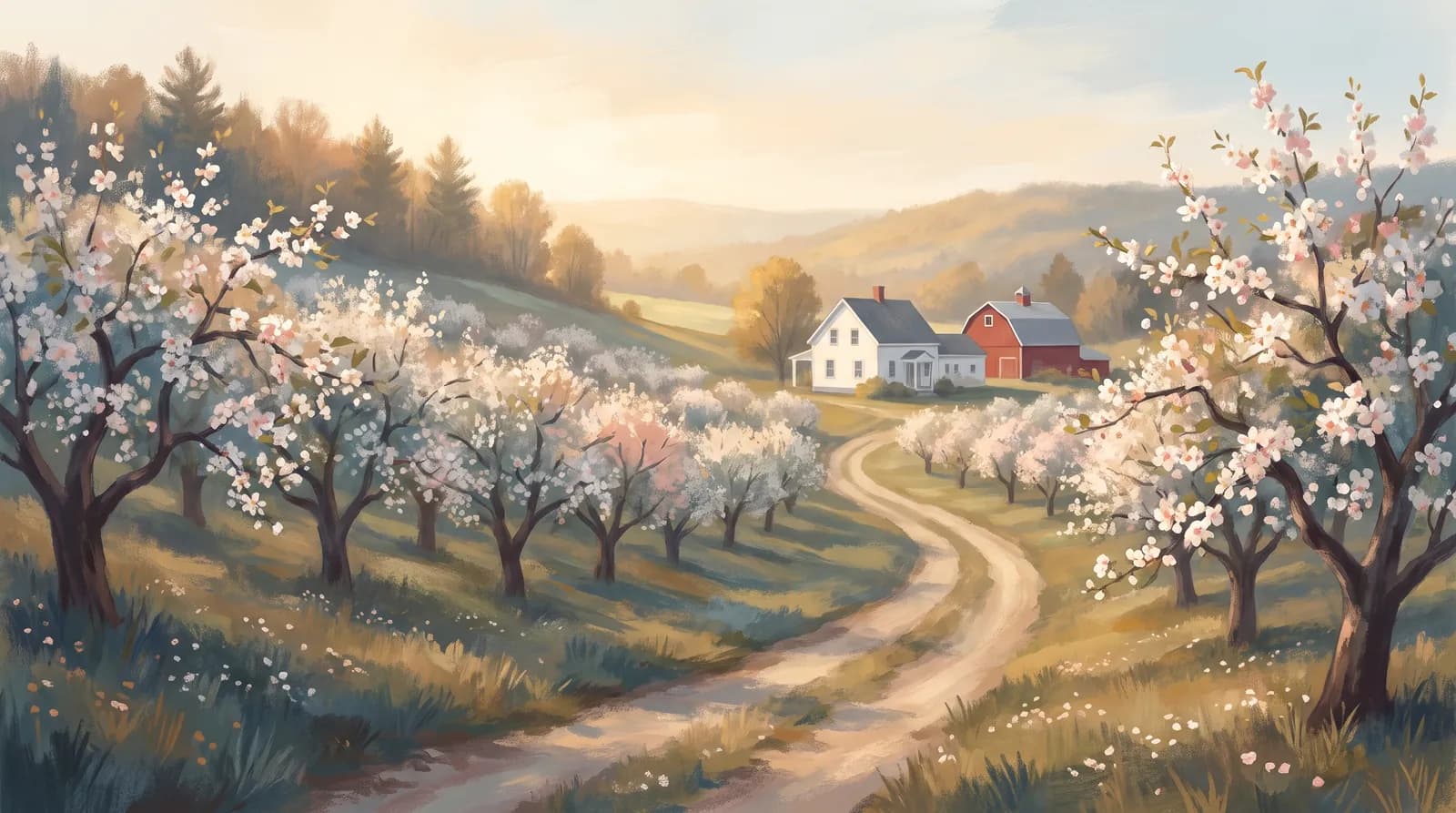 Illustration of an apple orchard in spring bloom on a Maine hillside with a white farmhouse