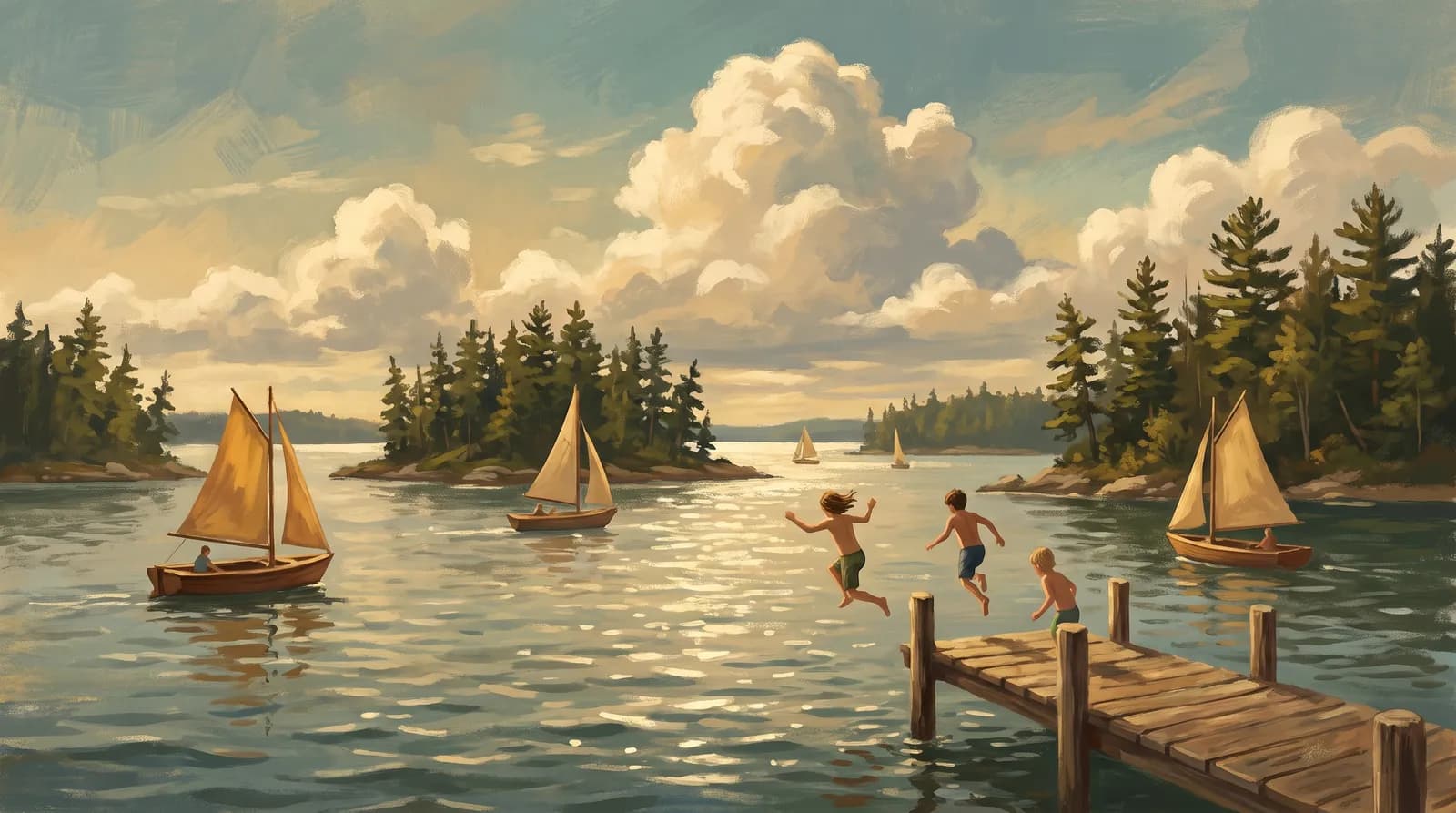 Illustration of a Maine lake in summer — kids jumping off a dock, sailboats, and pine islands
