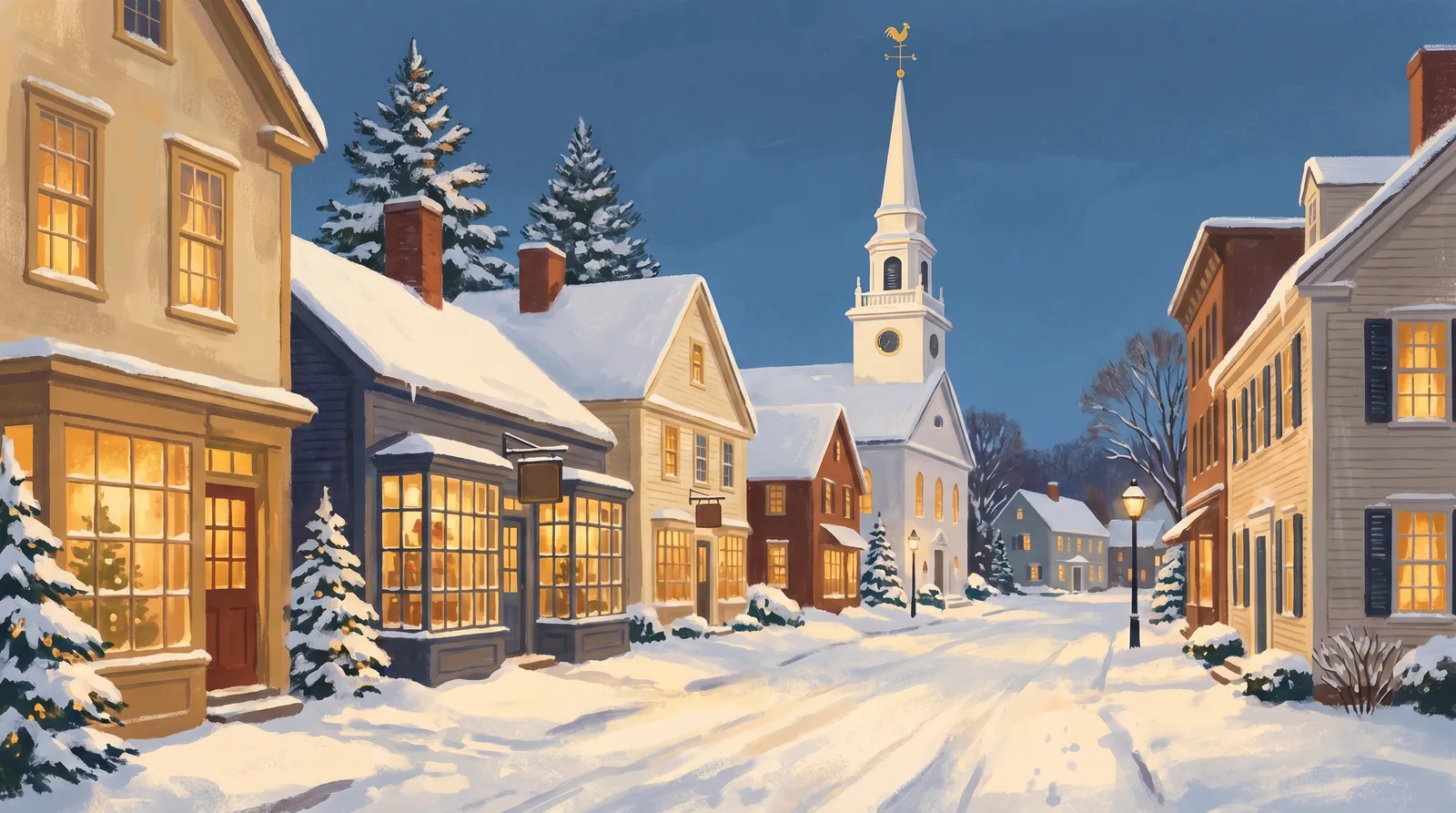 Illustration of a snow-covered New England village street at blue hour with warm window lights
