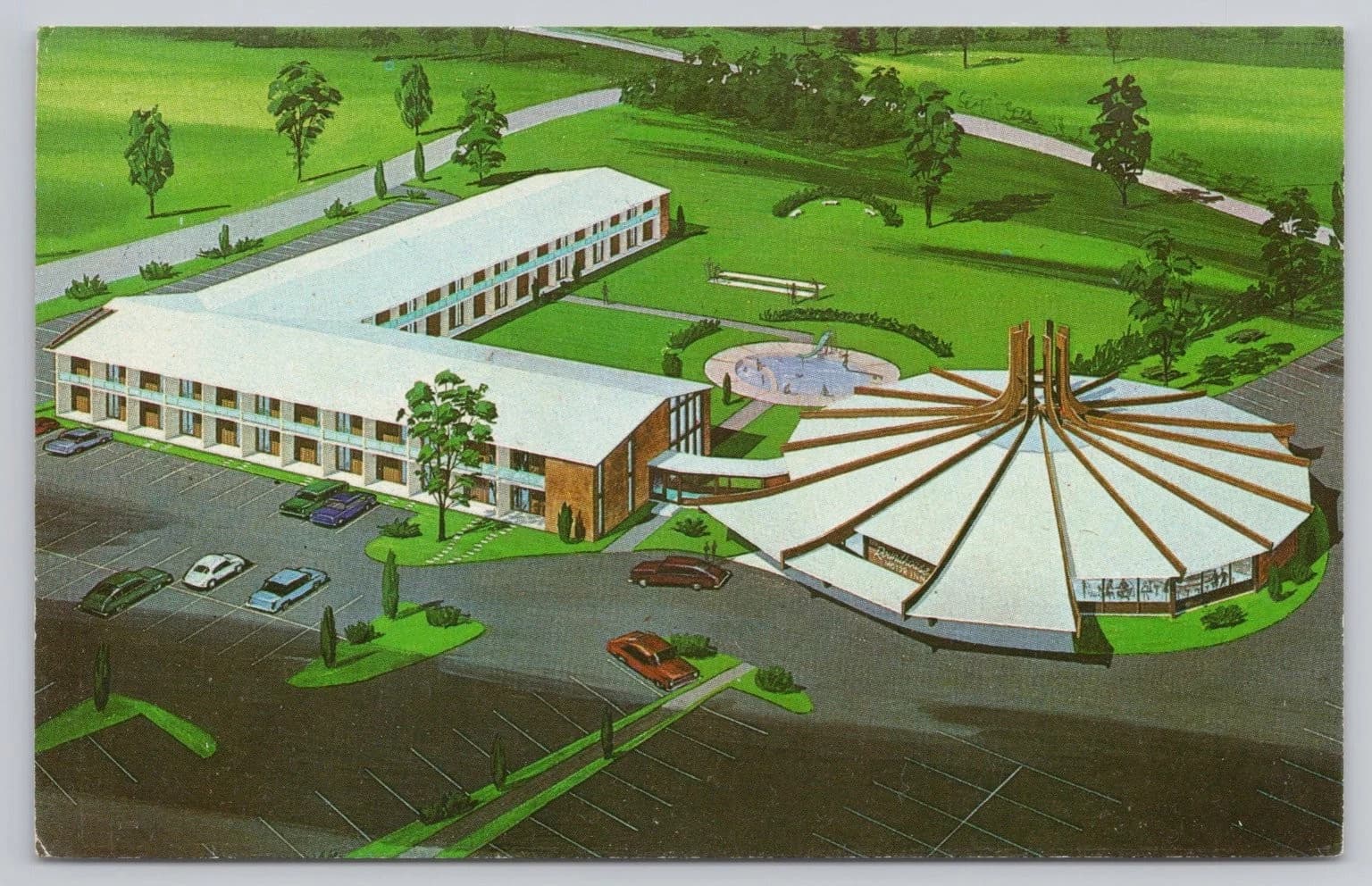 Vintage 1960s postcard illustration of Saffron Inn property at 170 Center Street, Auburn Maine — featuring the iconic original roundhouse restaurant and L-shaped two-story motel building